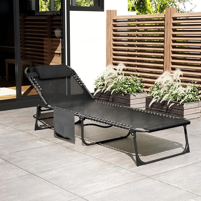 4-Level Reclining Backrest Aluminum Folding Lounge Chair, Outdoor Lounge Chair, Removable Pillow & Side Pocket Design, Breathable Portable Tanning Chair for Poolside, Patio, Backyard, Black