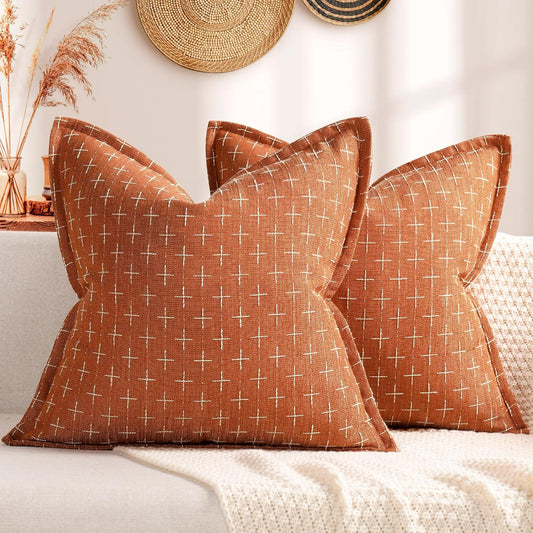 ZWJD Fall Pillow Covers 18x18 Set of 2 Soft Polyester Textured Pillow Covers with Stylish Flange Edge Cozy Farmhouse Throw Pillows for Couch Bed Sofa Living Room