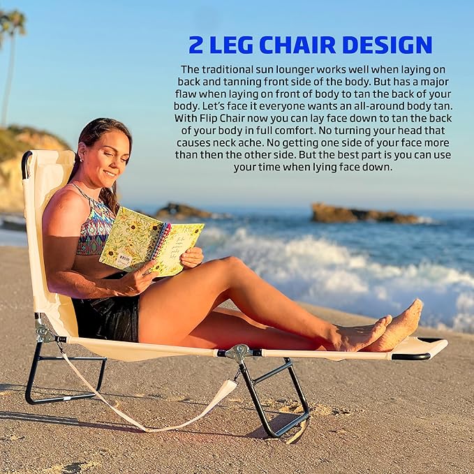 EASYGO PRODUCTS Pool Chair Chaise Lounge 2 Legs Support Polyester Material Reclining Backrest Head Rest Pillow Great for Beach, Home, Backyard, Outdoor, Patio, Pool, Camping, Lawn or Deck Color TAN
