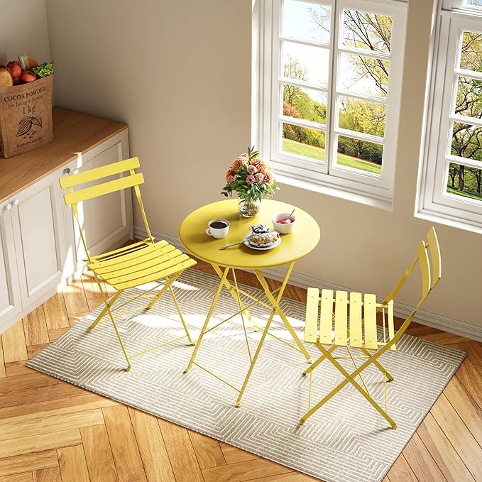 3-Piece Folding Bistro Set, Outdoor Patio Furniture Set with 2 Chairs & 1 Table, Space-Saving Foldable Balcony Garden Set with Heavy-Duty Powder-Coated Steel Frame, No Assembly Required, Yellow