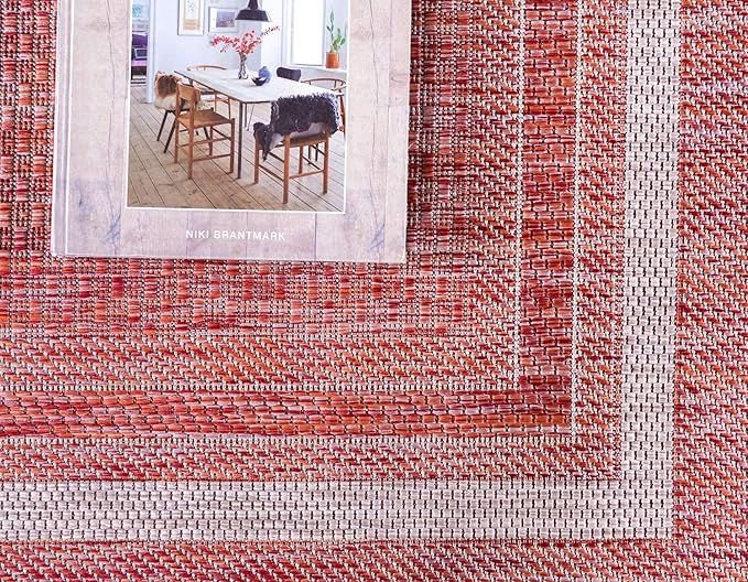 Unique Loom Outdoor Border Collection Area Rug - Soft Border (7' 10" x 11' 4" Rectangle, Rust Red/ Ivory)