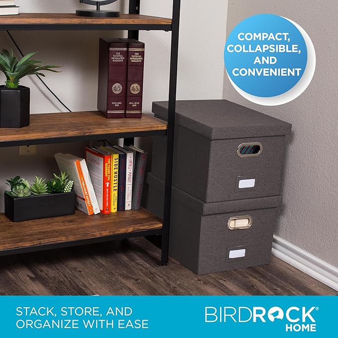 Internet's Best Collapsible File Storage Organizer with Lid - Decorative Linen Filing & Storage Office Box – Hanging Letter/Legal Folder – Home Office Bins Cabinet – Charcoal Container - 4 Pack