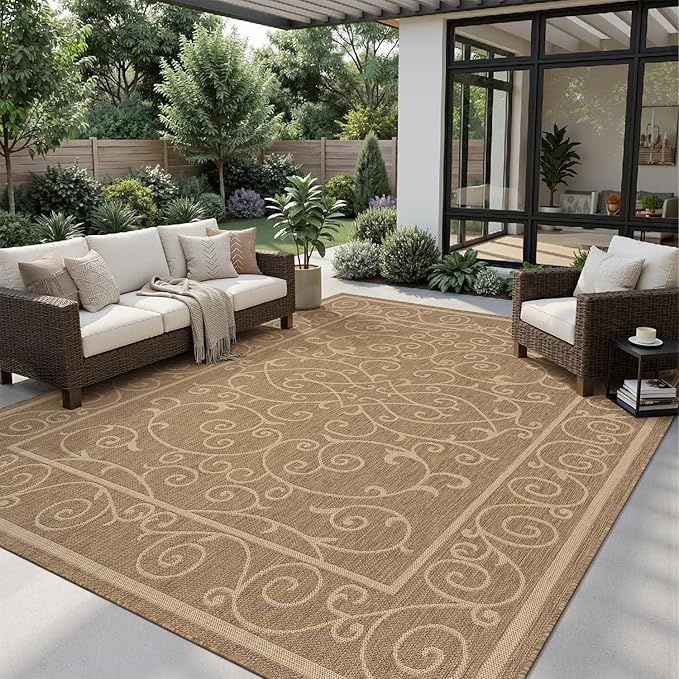 MontVoo-Outdoor Rug-Patio Rug 6x9 ft Polypropylene Indoor Outdoor Rugs Outdoor Carpet for Patio Deck Balcony Porch, Textured Weave, Durable for High Traffic, Fade-Resistant, Vintage Neutral Brown