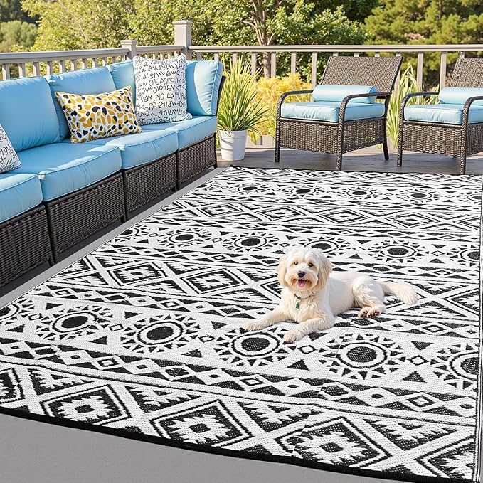 Outdoor Rug Waterproof 9x12 ft, Reversible Outdoor Plastic Straw Rug Patio Rug, RV Rugs for Outside, Outdoor Carpet for Patio Camping Deck Balcony Backyard, Black & White
