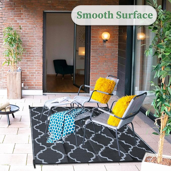 Ogrmar 8x10 FT Reversible Mats, Outdoor Rug for Patio Clearance, Waterproof Carpet, Plastic Straw Rug for Indoor Outdoor, Floor Mat&Rug for RV Porch Camping Backyard Deck Balcony Beach Trailer (Black)