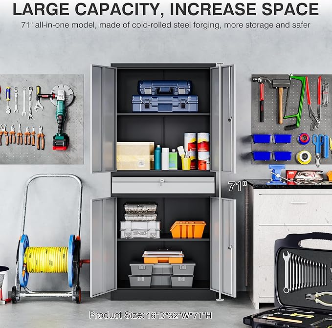 Metal Storage Cabinet with Doors and Shelves,Garage Storage Cabinets with Lock and Drawer,Metal Cabinet with Locking Doors,4 Door Steel Cabinet,71" Tall Lockable Cabinets for Garage,Home,Office