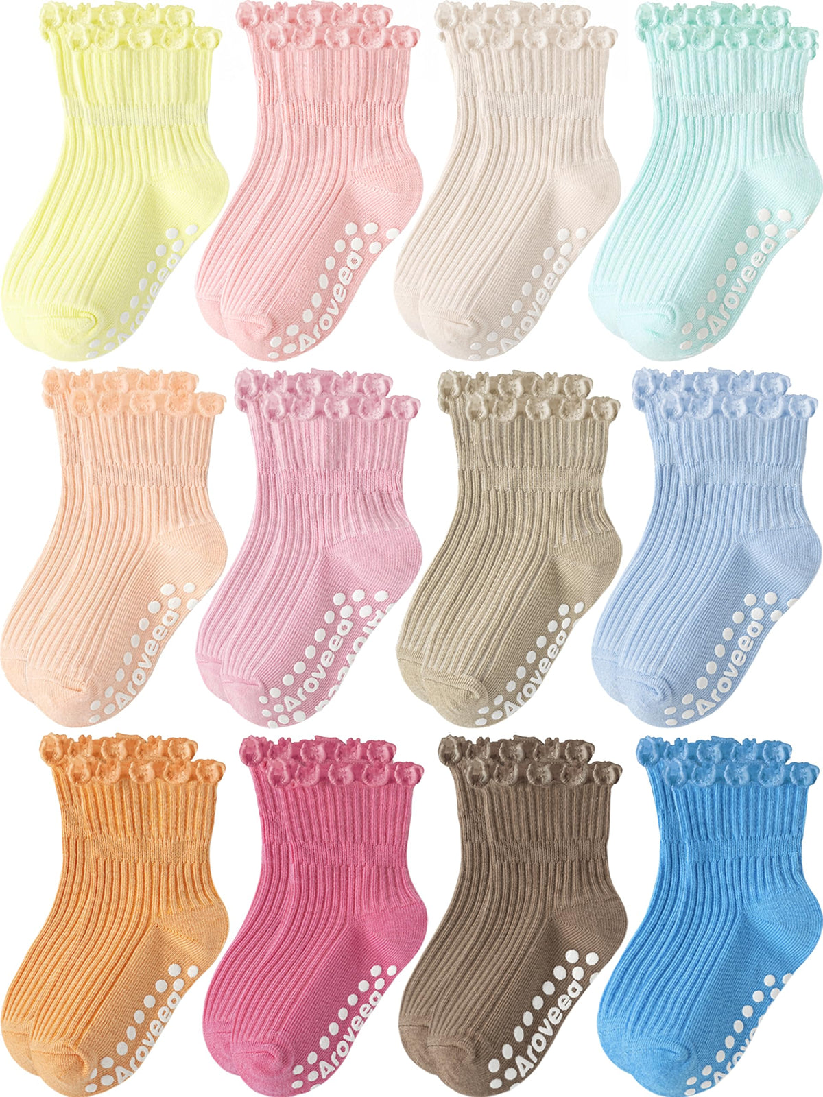 Aroveea Baby Toddler Girls Socks Grip Ruffle Non Slip Girls Cotton 12 Pack Socks for 6-12Months Kids Cute Ankle 6M-7Years