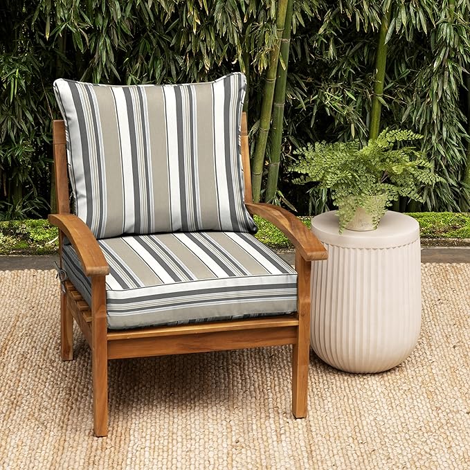 Arden earthFIBER Outdoor Deep Seat Cushion Set (2-Pack), 24 in x 24 in, Weather-Proof, Rain-Proof, Fade Resistant Patio Cushion for Chair, Sofa, and Couch Taupe Grey Boardwalk Stripe