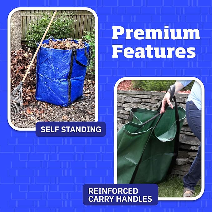 DURASACK Heavy Duty Home and Yard Waste Bag 48-Gallon Woven Polypropylene, Reusable Lawn and Leaf Garden Bag with Reinforced Carry Handles, Pop-Up Self-Standing Garbage Can, Blue (Pack of 2)