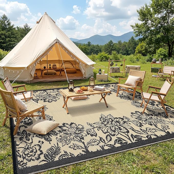 Garvee Outdoor Rugs 9’x12’ Waterproof Reversible Mats, Large Area Plastic Straw Rug, Outside Carpet, Butterfly Floral Rv Mat for Patio Camping Picnic Backyard Deck Balcony Porch Beach Trailer