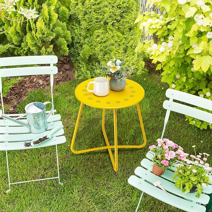 danpinera Outdoor Side Tables with Flower Cut Outs, Weather Resistant Steel Patio Side Table, Small Round Outdoor End Table Metal Side Table for Patio Yard Balcony Garden Yellow