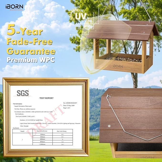 iBorn Pavilion Bird Feeder, Covered Platform Bird Feeder for Outdoors Hanging, WPC Recycled Plastic & Waterproof, Coffee