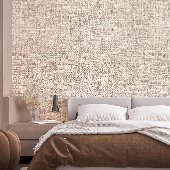 Khaki Grasscloth Peel and Stick Wallpaper 17.3"x160" Faux Linen Textured