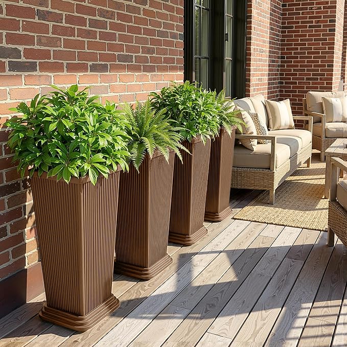 Set of 2 Large Planters for Outdoor Plants 24" Tall Tapered Modern Flower Pots with Drainage Tray for Garden, Patio, Porch (Brown Ribbed)