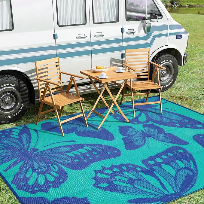 Anidaroel Butterfly Patio Rugs Outdoor 8X10 Waterproof, Reversible Plastic Straw Outside Area Rug, RV Outdoor Mat for Under Awning, Pool Deck, Picnic, Porch (Purple&Green,8‘X10')