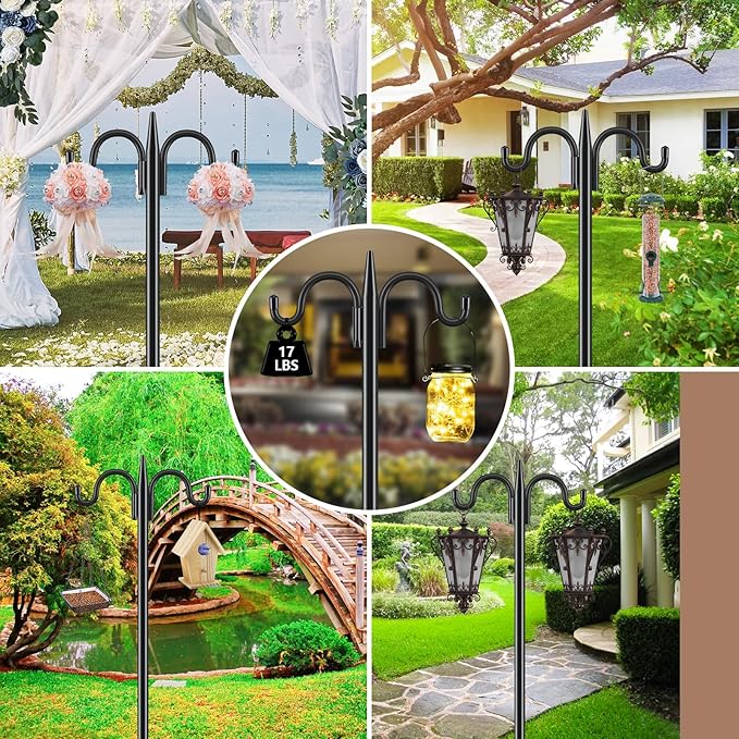 Gtongoko Squirrel Proof Bird Feeder Pole, 92 Inch Double Shepherds Hook with 19 Inch Squirrel Baffle, Heavy Duty Adjustable Outdoor Bird Feeder Stand with 5-Prong Base for Garden, Plants, Black