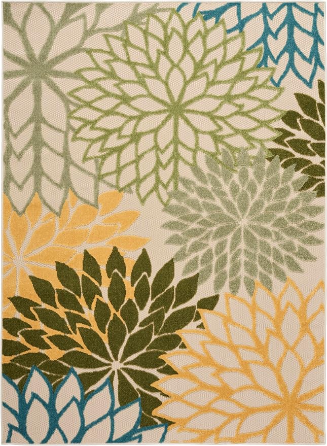 Nourison Home Aloha Tropical Indoor/Outdoor Green Multicolor 5'3" x 7'5" Area Rug, Easy Clean, Non Shedding, Bed Room, Living Room, Dining Room, Backyard, Deck, Patio (5x7)