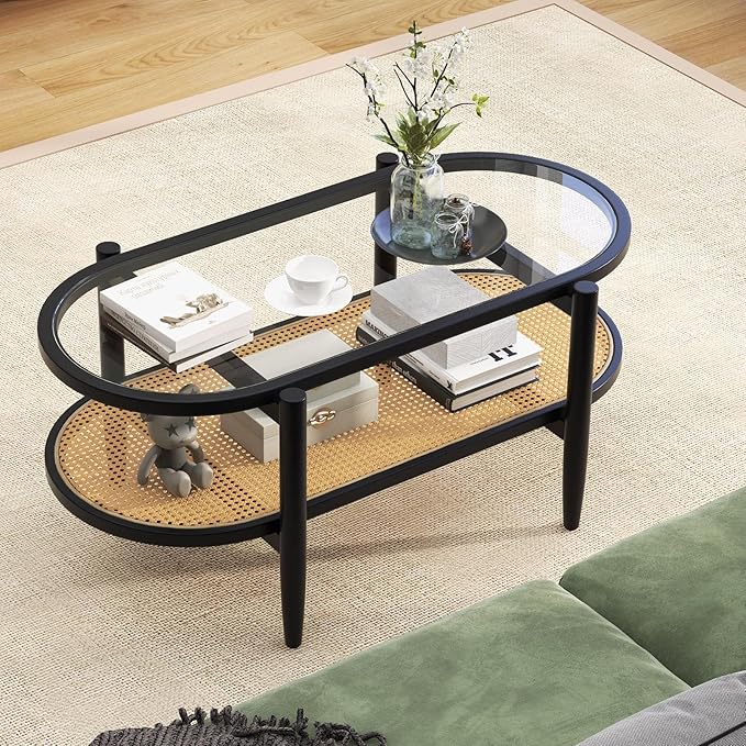 MAT EXPERT Rattan Coffee Table, 2 Tier Boho Oval Living Room Table w/Glass Tabletop Wood Frame & Storage Shelf, 40’’L Mid Century Modern Tea Table, Center Table for Living Room Home Office, Black