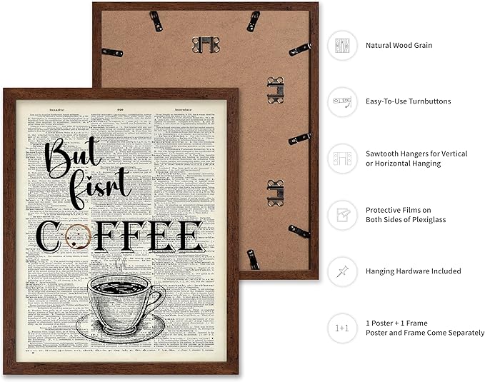 Poster Master Dictionary Art Poster - But First Coffee Print - Cafe Art - Gift for Men, Women, Coffee Lovers & Barista - Funny Decor for Kitchen, Restaurant or Dining Room, 16x20 Brown Framed