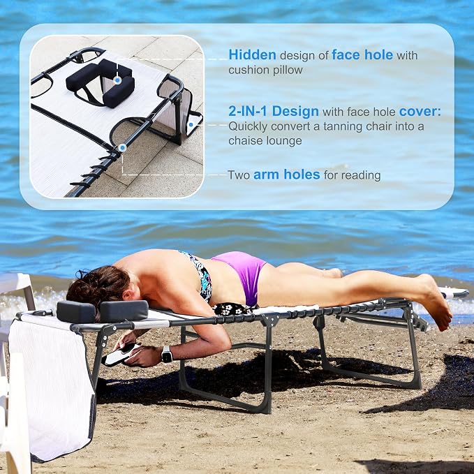 Outdoor Chaise Lounge Chair with Face Hole and Arm Hole, Tanning Chair with 5 Position Adjustable Back, Foldable Lounge Chair with Detachable Pocket and Pillow for Beach, Pool, Cream White