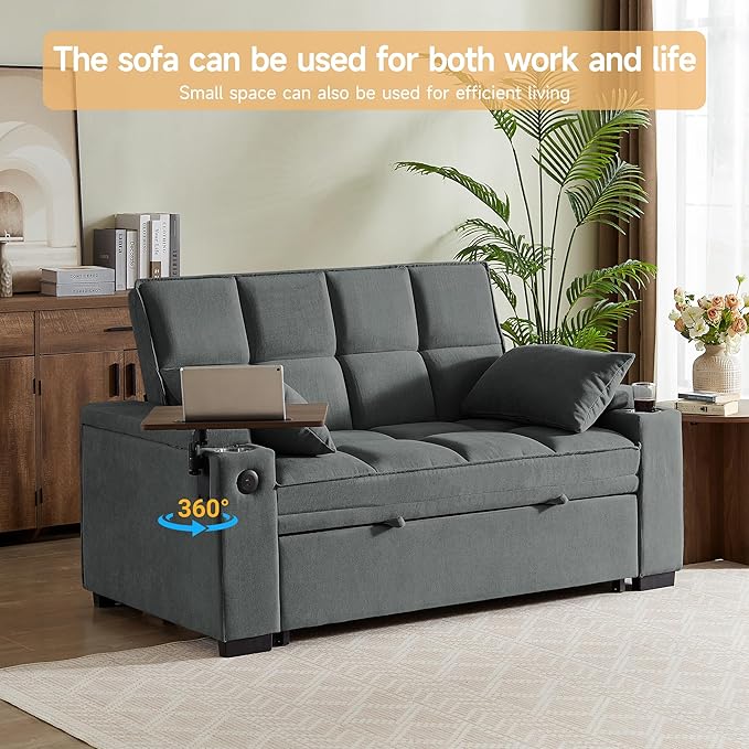 66" Multi-Functional Pull-Out Sofa Bed with Hidden Side Table, Storage Armrests, Built-in Charging Port, Spring Mattress, Solid Wood Frame – Ideal for Small Spaces, Easy Assembly