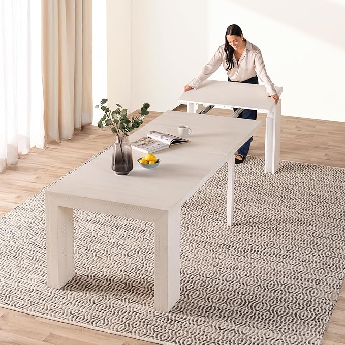 Transformer Table - Solid Wood Extendable Dining Table, Seats 2-12, Expandable Dining Room Table, Space-Saving Furniture, Kitchen and Dining Room Furniture (White, Table Only)