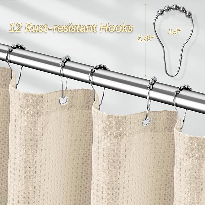 Beige Fabric Shower Curtain - Waffle Textured Heavy Duty Shower Curtains for Bathroom, 256GSM Hotel Spa Luxury Weighted Bath Curtain with 12 Hooks, 72x78, Beige