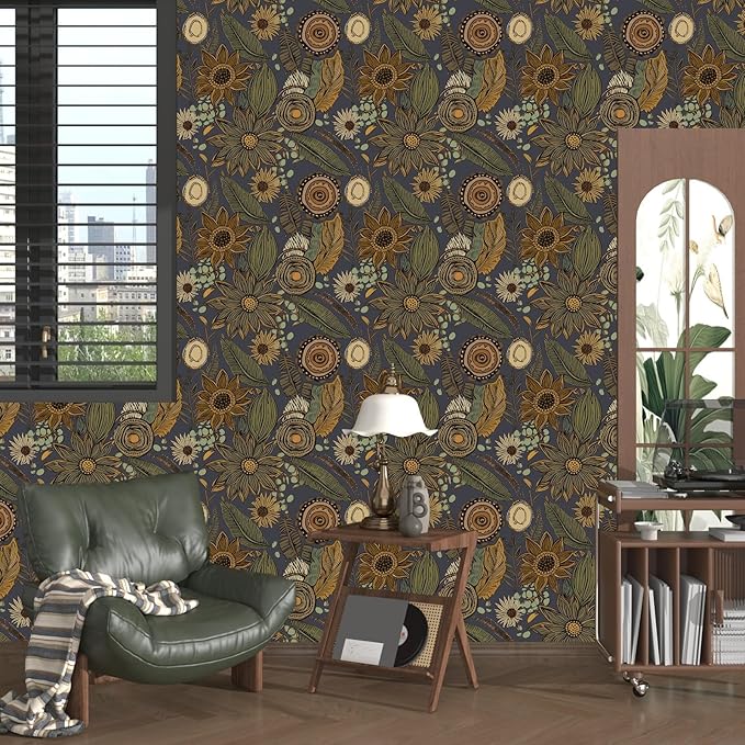 Boho Wallpaper Peel and Stick, Vintage Blue Yellow Floral Contact Paper 17.5" x