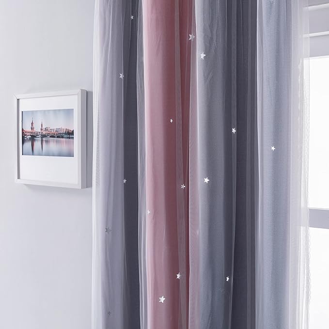 XiDi Curtains for Bedroom Decor, Rainbow Pink-Grey-34-45