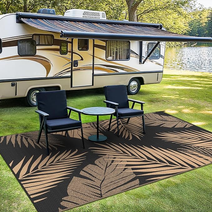 Outdoor Rug 4’x6’ Waterproof for Patio Clearance, Reversible Indoor Outdoor Plastic Straw Camping Rug Carpet, RV Mat, Large Area Rug for Deck, Backyard, Balcony, Porch, Beach, Black & Brown