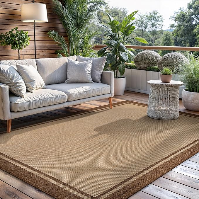 CAMILSON Indoor Outdoor Rug, 10x14 Bordered Natural Brown Modern Large Area Rugs for Indoor and Outdoor Patios, Kitchen and Hallway Mats, Washable Porch Deck Outside Carpet (Jute, 10 x 14)