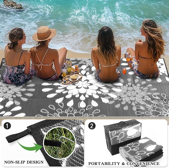 Wallona Outdoor Rugs 9x12 ft Patio Waterproof Clearance Indoor Outdoor Large Carpet for Patio Plastic Straw Reversible Area Rugs Mat for RV, Camping, Balcony, Beach, Picnic, Porch, Flower Grey & White