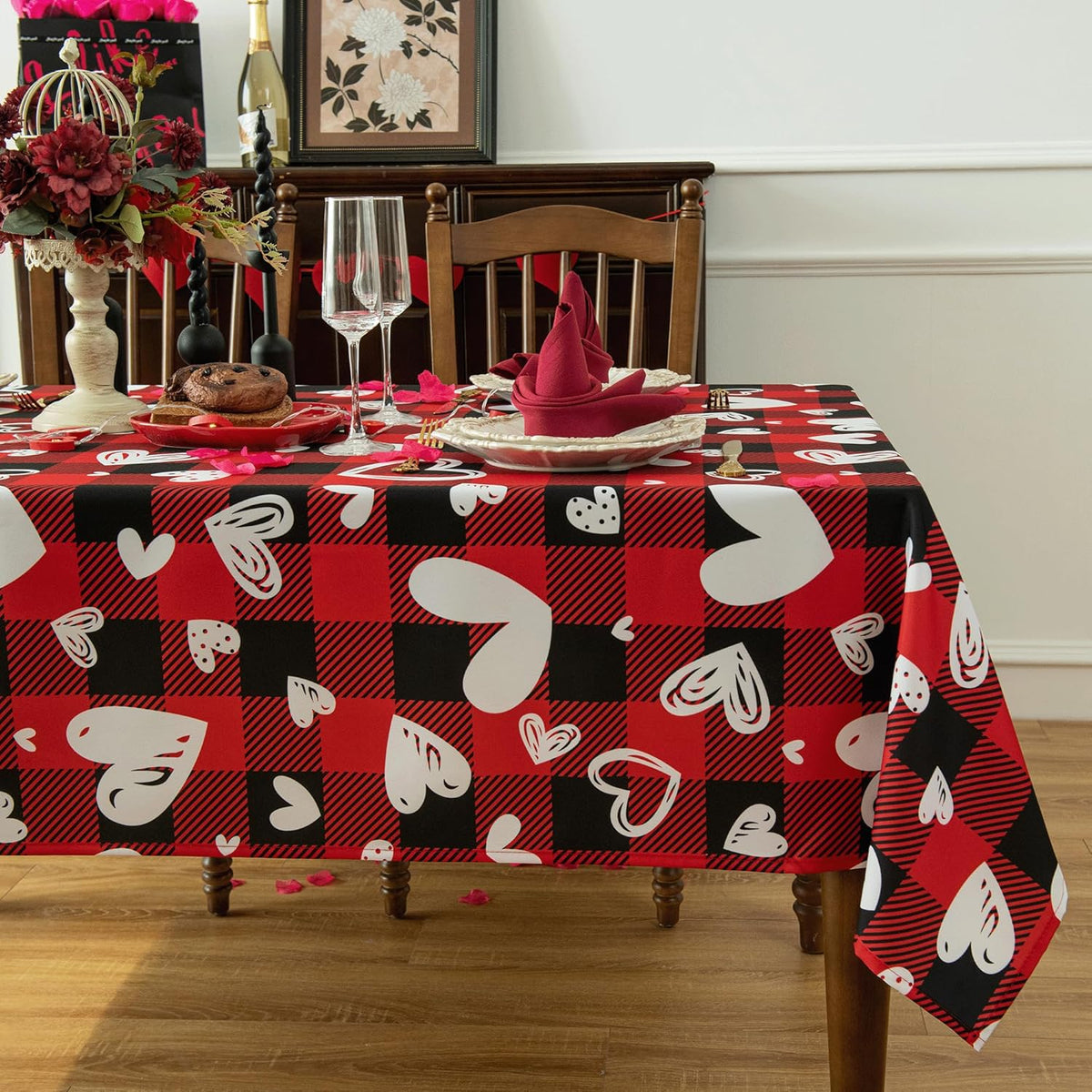 Red Waterproof Plaid Valentines’ Day Tablecloth Fabric - Square 58x58 Inch Classic Love Heart Table Cloth for Indoor Use - Checkered Table Cover for Picnics, Dinner, and Parties