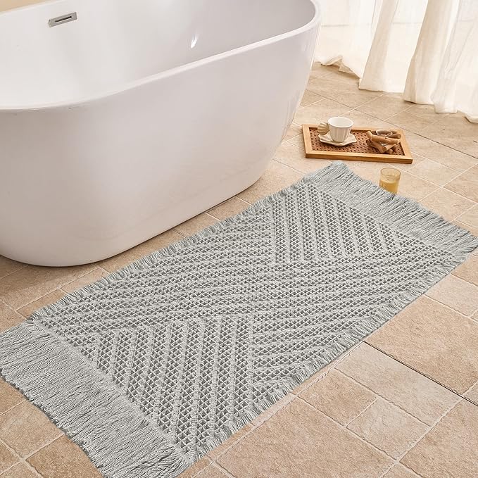 Waffle Bath Mat Non Slip, Boho Runner Rug, Super Absorbent Quick Dry Long Bath Runner Bathroom, Soft Farmhouse Bath Rug with Tassels, Washable Shower Mats for Floor 24"x48", Tassels Light Grey