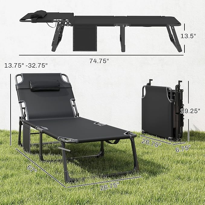 Outsunny Chaise Lounge Chair Outdoor, 5-Position Reclining Pool Lounge Chair with Cushion, Side Pocket, Headrest, Folding Lounger Tanning Chair Camping Cot for Patio, Beach, Dark Gray/Blue