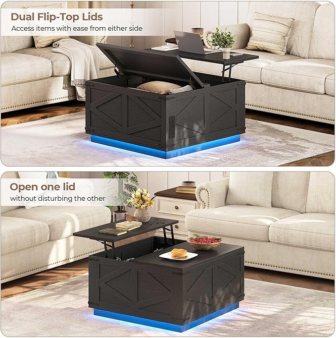 Farmhouse Lift Top Coffee Table, Square Wood Center Table with LED Lighting, USB-C Charging Station, and Hidden Storage Compartment - Rustic Black Living Room Furniture