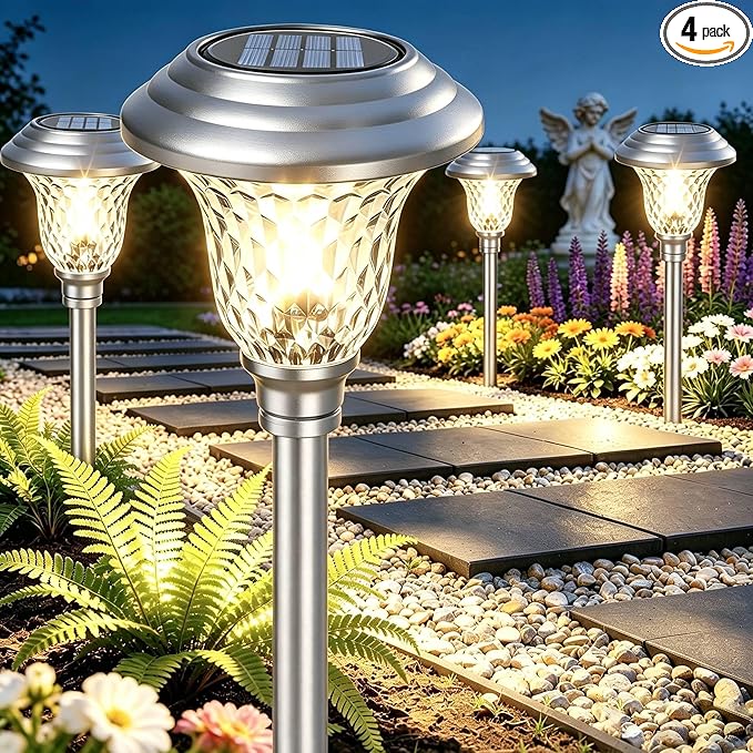 Beau Jardin 4 Pack Solar Pathway Lights White+ Color Changing Stainless Steel 3 Mode Outdoor Multicolor Metal Solar Powered Waterproof Glass for Garden Landscape Path Yard Walkway Driveway Silver