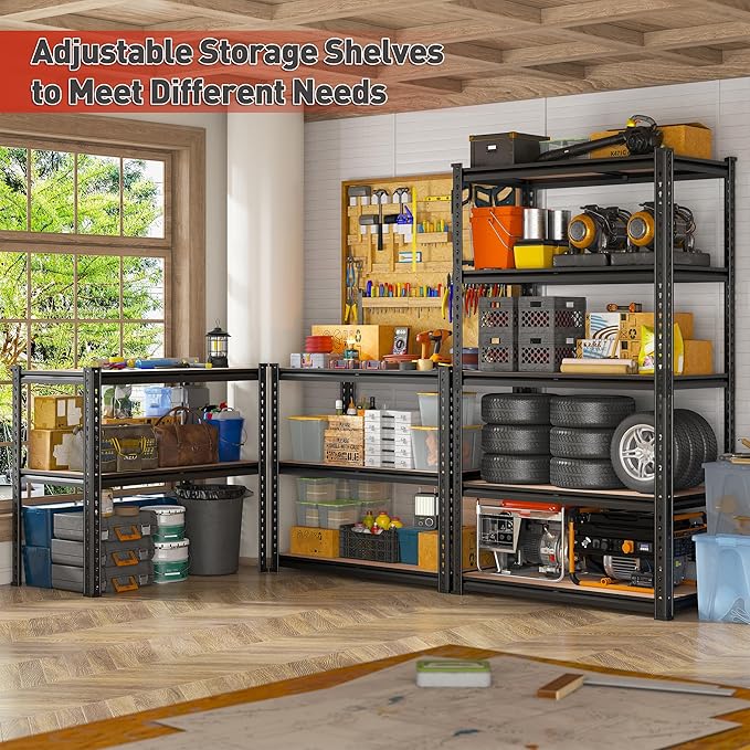 REIBII 2020LBS Storage Shelves 5 Tier Garage Shelving Heavy Duty, Adjustable Metal Shelving Unit, Garage Shelves for Basement, Warehouse, Pantry, 72" H x 35.55" W x 16" D, Black, 4 Pack