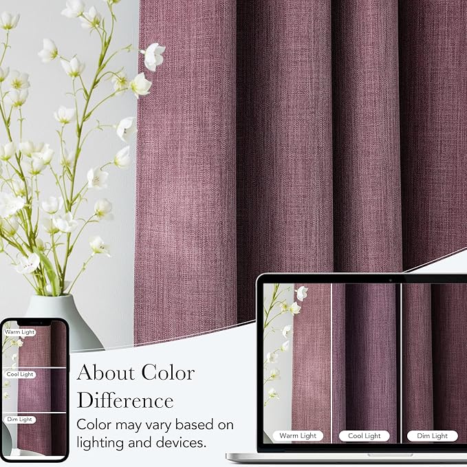 NICETOWN Greyish Purple Faux Linen Room Darkening Rod Pocket Curtains 63 inch