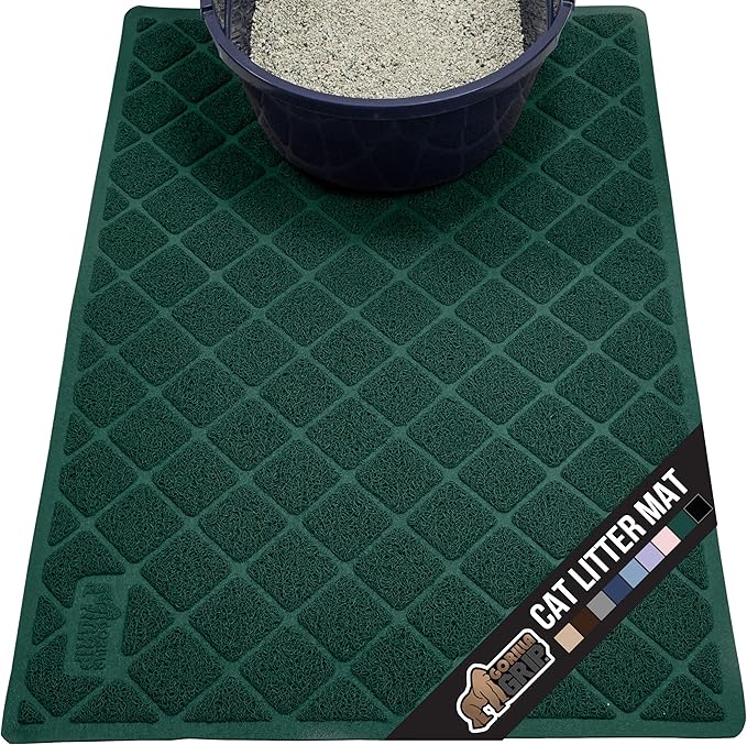 GORILLA GRIP Cat Litter Box Mat, 47x35, Water Resistant, US Designed Kitty Litter Trapping Mats, Easy to Clean, Scatter Control, Less Mess and Clean Floors, Kitten Supplies for Indoor Cats, Dark Green