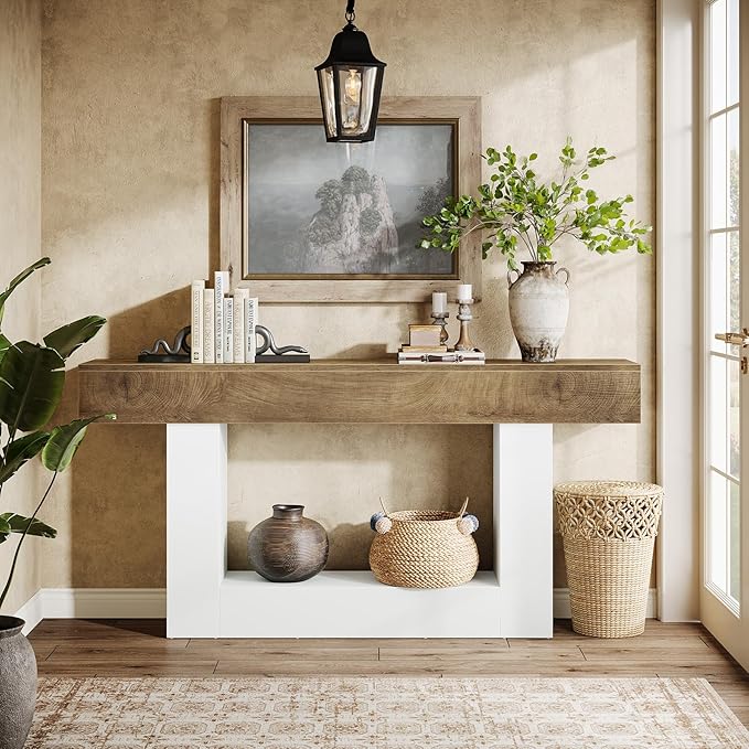 Tribesigns 63-Inch Long Console Table, 2-Tier Entryway Table Sofa Table with Storage, Farmhouse Wood Behind Couch Table for Living Room, Hallway, Light Brown & White