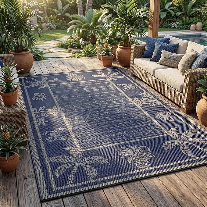 Garvee Outdoor Rug 5x8 Waterproof for Patios, Reversible Plastic Straw Rug, Tropical Leaf Indoor Outdoor Rugs, Large Area Rug for RV, Camping, Deck, Picnic Mat, Outside Carpet, Navy & Grey