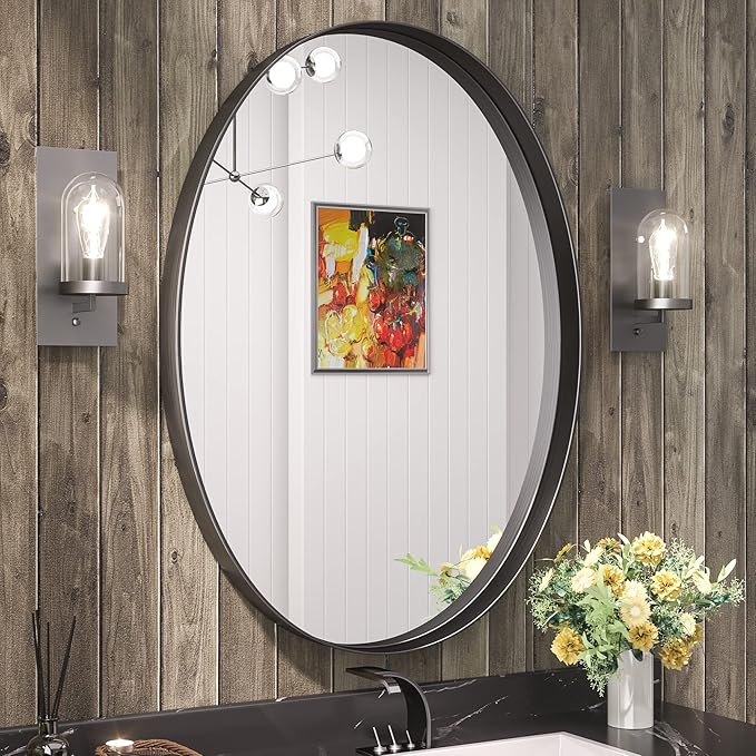 TETOTE Black Oval Bathroom Mirror, 24 x 36 Matte Black Framed Wall Mounted