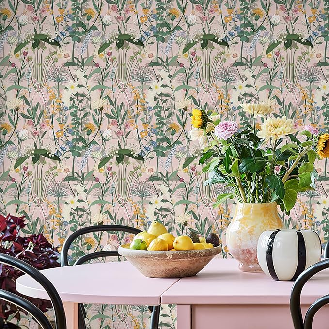 JiffDiff Floral Wallpaper Peel and Stick 17.3"x472" Pink Farm Wildwood Stick on
