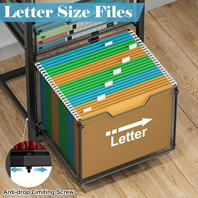 3-Drawer File Cabinet with 3 Shelves, 61" Tall Vertical Filing Cabinet for Home Office, Metal Mesh Drawers with Small Printer Stand, Fit for Letter Files, Black