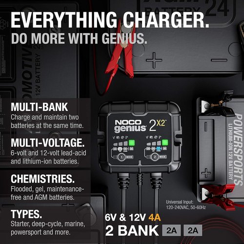 NOCO GENIUS2X2 Smart Battery Charger - 4A 2-Bank Automatic Maintainer for 6V/12V Lead-Acid & Lithium