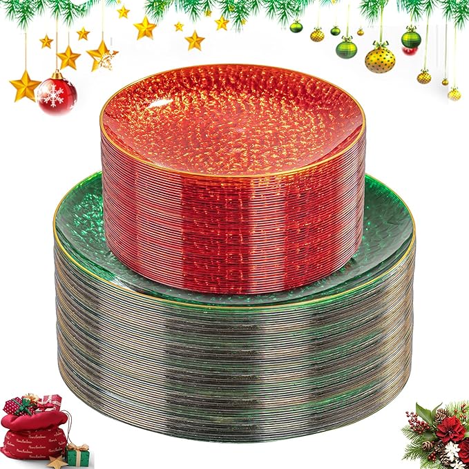 Rubtlamp 60 Pcs Christmas Plasitc Plates, Clear Green Red Plastic Plates With Gold Rim, Red Green Hammered-design, Include 30 Red Dessert Platos, 30 Green Dinner Platos, Perfect For Christmas