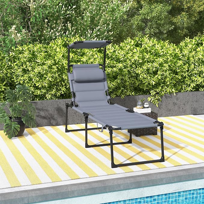 Outdoor Lounge Chair, Tanning Chair with Sunshade Roof, Adjustable Backrest Folding Chaise Lounge with Pillow Headrest for Outside, Beach, Camping, Hiking (Sunshade Roof, Grey)