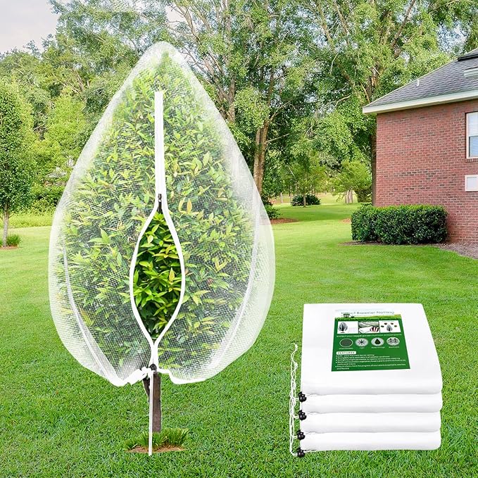 4PCS Fruit Tree Netting with Drawstring and Zipper, 3.93 * 4.92ft Blueberry Bush Netting Cover, Insect Netting for Garden, Garden Fruit Nets Protection from Anti Birds, Bugs