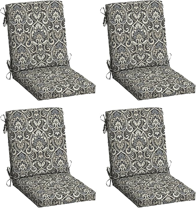 Arden 4-Pack Outdoor Patio Dining Chair Cushion, 20x44, Rain-Proof Seat Pad, Fade-Resistant Outdoor Cushion Black Aurora Damask